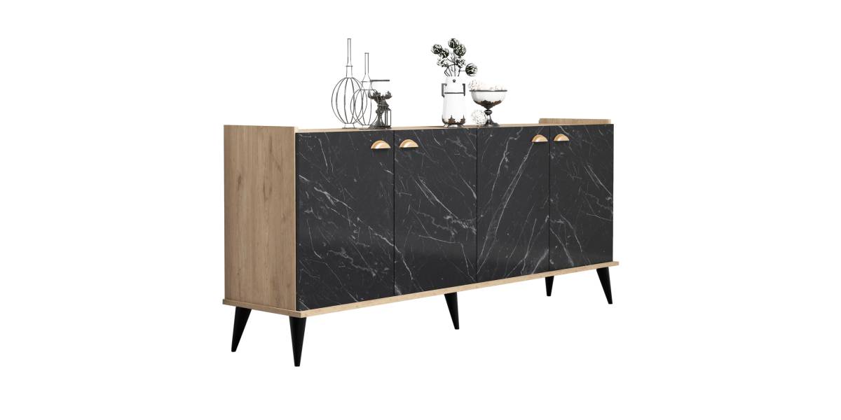 ΜΠΟΥΦΕΣ ΜΕΛΑΜΙΝΗΣ HM9045.01 NATURAL WOOD - ΜΑΥΡΟ ΜΑΡΜΑΡΟ 180x41x77,8Y εκ.