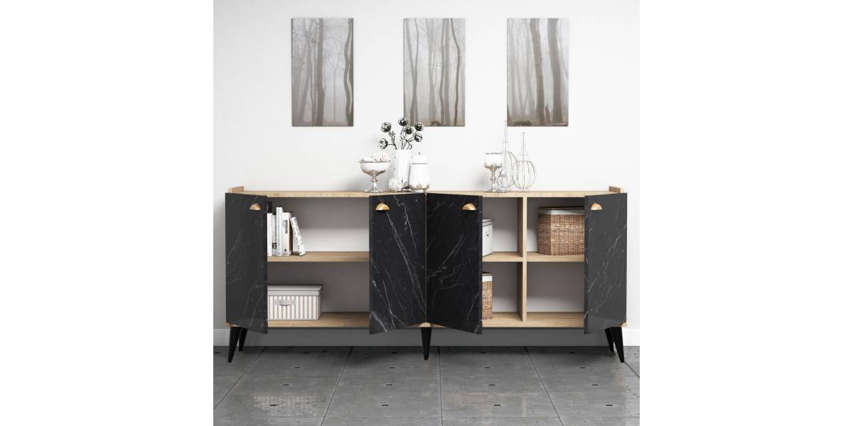 ΜΠΟΥΦΕΣ ΜΕΛΑΜΙΝΗΣ HM9045.01 NATURAL WOOD - ΜΑΥΡΟ ΜΑΡΜΑΡΟ 180x41x77,8Y εκ.