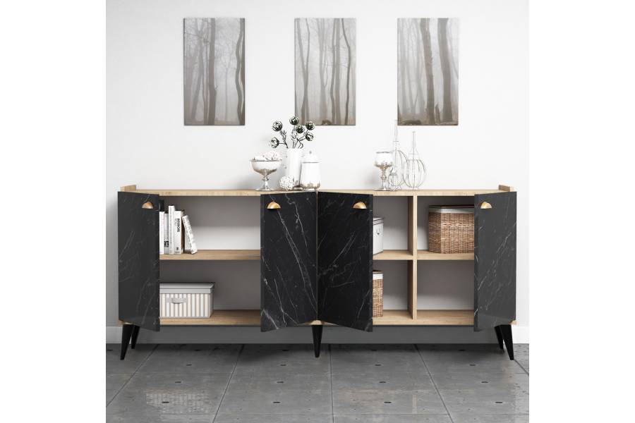 ΜΠΟΥΦΕΣ ΜΕΛΑΜΙΝΗΣ HM9045.01 NATURAL WOOD - ΜΑΥΡΟ ΜΑΡΜΑΡΟ 180x41x77,8Y εκ.