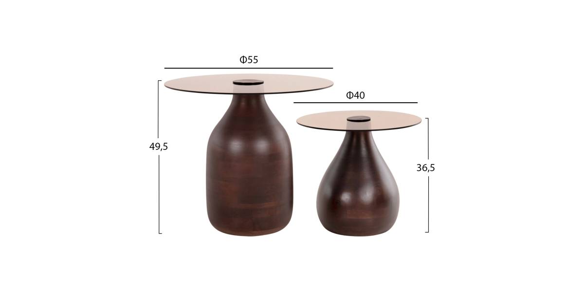 ΒΟΗΘΗΤΙΚΑ ΤΡΑΠΕΖΑΚΙΑ 2ΤΜΧ CHANG HM9668 ΞΥΛΟ MANGO-ΓΥΑΛΙ TOP Φ55x49,5Υ & Φ40x36,5Υεκ.