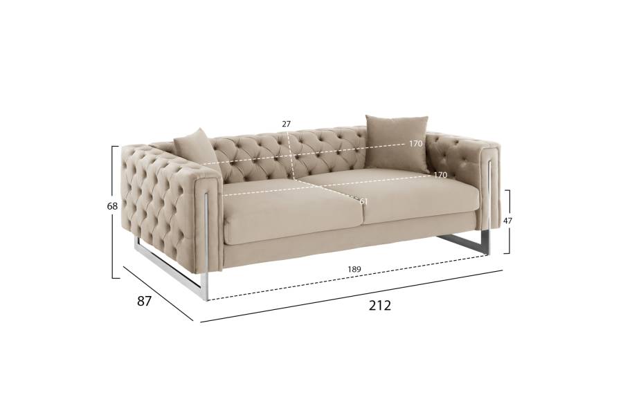 ΣΕΤ ΣΑΛΟΝΙ 2ΤΜΧ MOBAR τ.CHESTERFIELD HM11936.02 ΚΡΕΜ ΒΕΛΟΥΔΟ-ΜΕΤΑΛ.ΠΟΔΙΑ