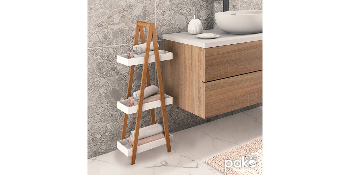 Ραφιέρα επιδαπέδια 3όροφη Nancy pakoworld ξύλινη χρώμα φυσικό-λευκό 30x18x82εκ