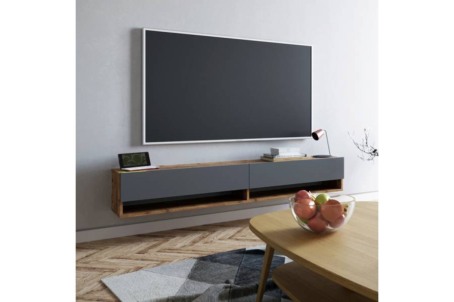 Έπιπλο τηλεόρασης επιτοίχιο Handra pakoworld ανθρακί-oak 180x31,5x29,5εκ