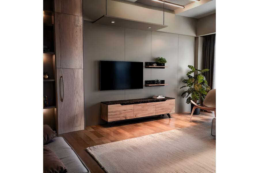 Σύνθετο σαλονιού Kasia pakoworld oak-μαύρο μαρμάρου 180x35x48,5εκ