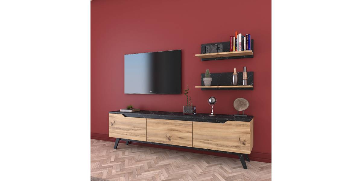 Σύνθετο σαλονιού Kasia pakoworld oak-μαύρο μαρμάρου 180x35x48,5εκ