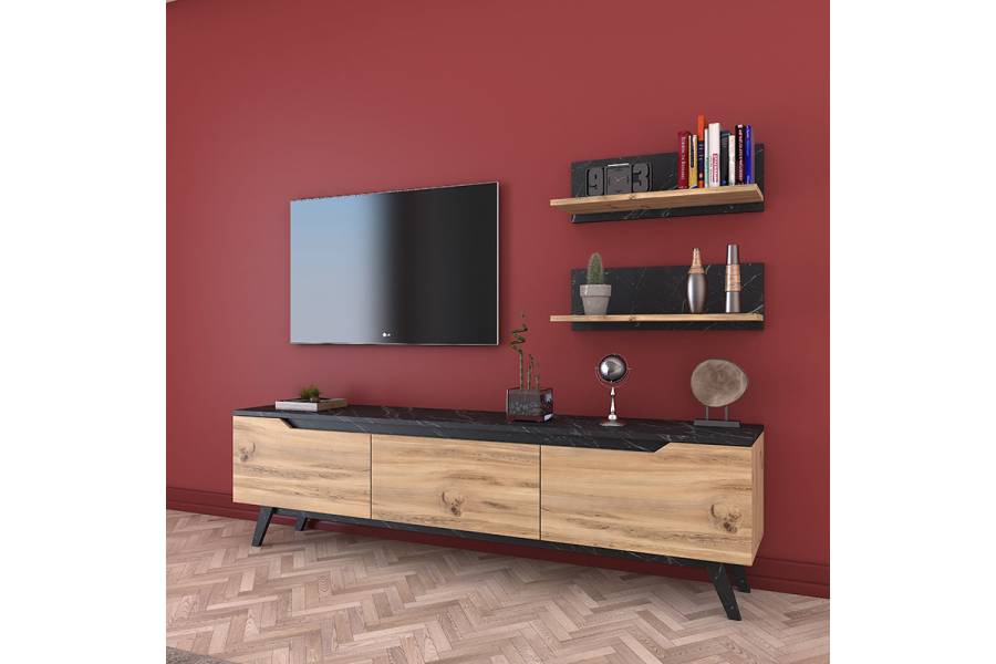 Σύνθετο σαλονιού Kasia pakoworld oak-μαύρο μαρμάρου 180x35x48,5εκ