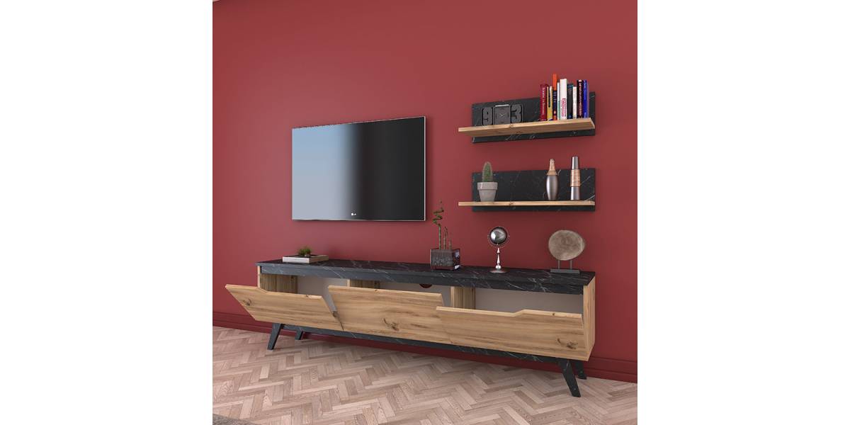 Σύνθετο σαλονιού Kasia pakoworld oak-μαύρο μαρμάρου 180x35x48,5εκ