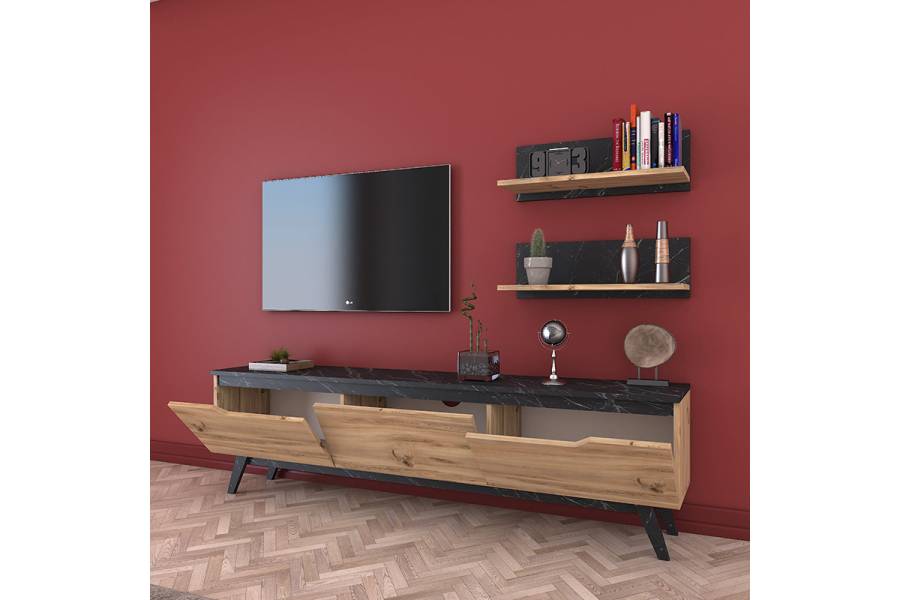 Σύνθετο σαλονιού Kasia pakoworld oak-μαύρο μαρμάρου 180x35x48,5εκ