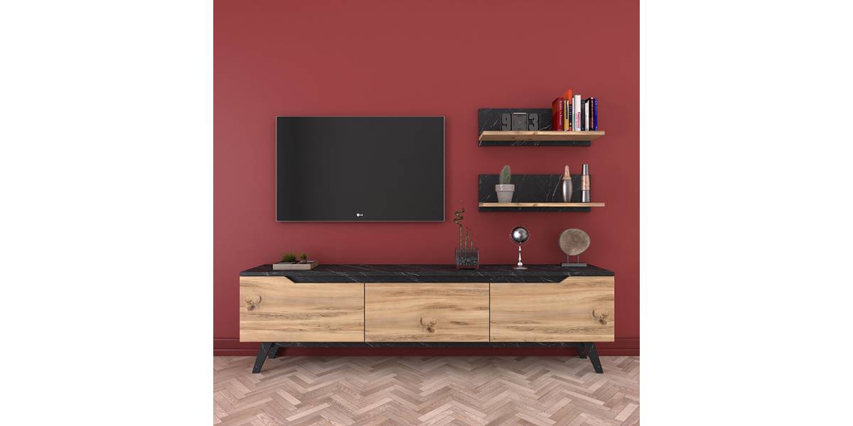 Σύνθετο σαλονιού Kasia pakoworld oak-μαύρο μαρμάρου 180x35x48,5εκ