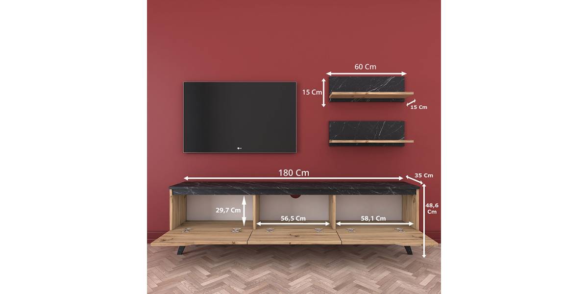 Σύνθετο σαλονιού Kasia pakoworld oak-μαύρο μαρμάρου 180x35x48,5εκ