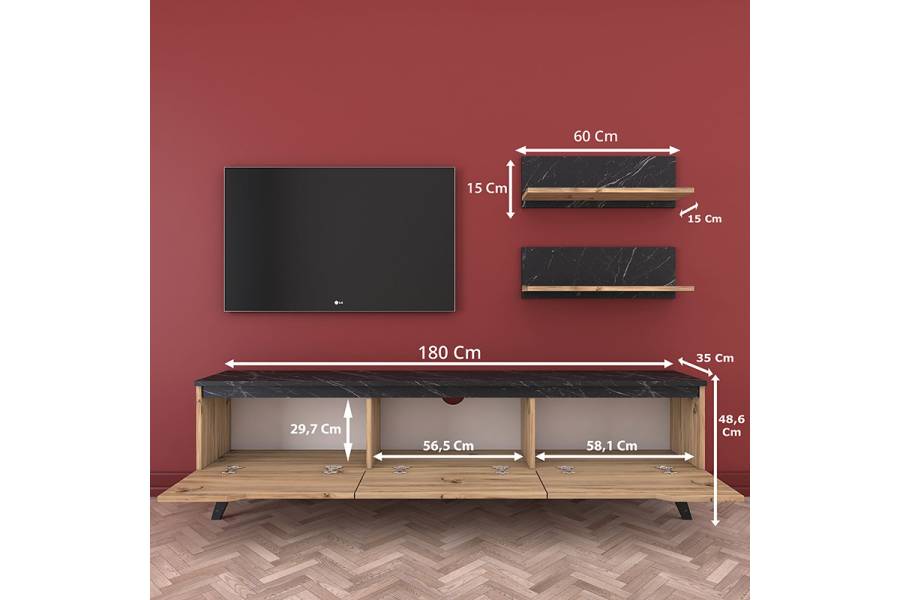 Σύνθετο σαλονιού Kasia pakoworld oak-μαύρο μαρμάρου 180x35x48,5εκ