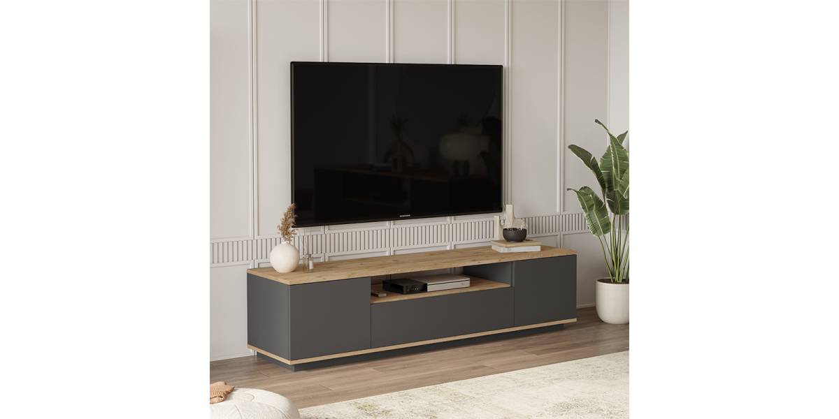 Έπιπλο τηλεόρασης Soren pakoworld sonoma-ανθρακί 180x.44.5x44.6εκ