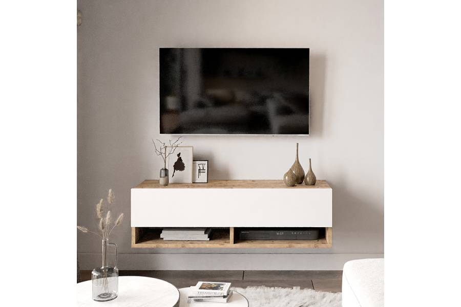 Έπιπλο τηλεόρασης επιτοίχιο Roscoe pakoworld λευκό-oak 100x31.5x29.5εκ