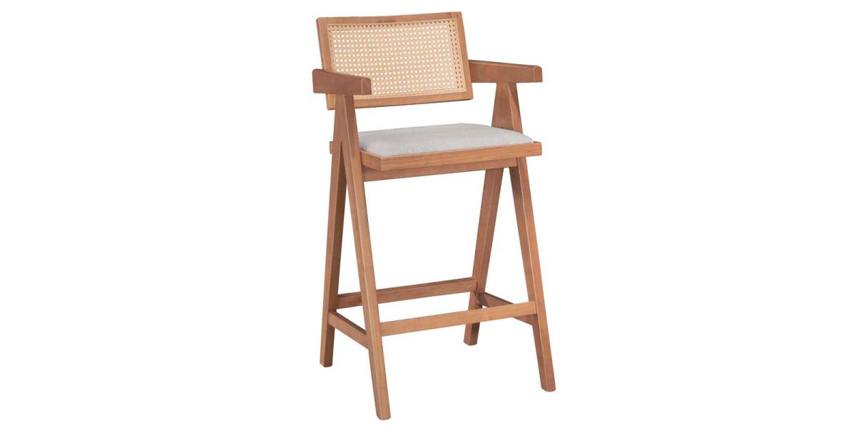 Σκαμπό bar Winslow pakoworld ξύλο rubberwood ανοικτό καρυδί-pvc rattan φυσικό-ύφασμα γκρι