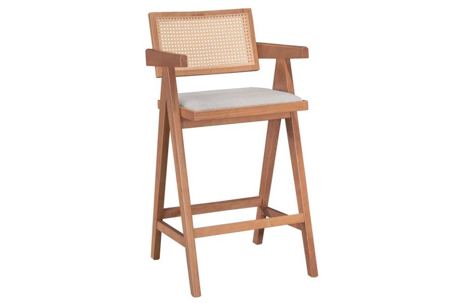 Σκαμπό bar Winslow pakoworld ξύλο rubberwood ανοικτό καρυδί-pvc rattan φυσικό-ύφασμα γκρι