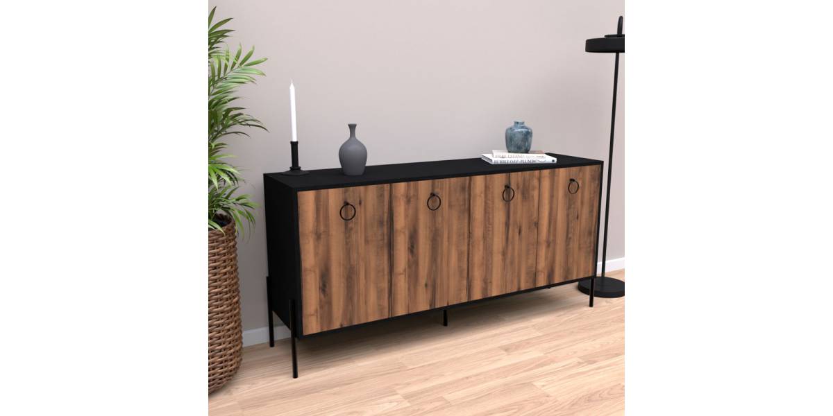 Μπουφές Twely pakoworld μελαμίνης καρυδί-μαύρο 160x40,5x79εκ