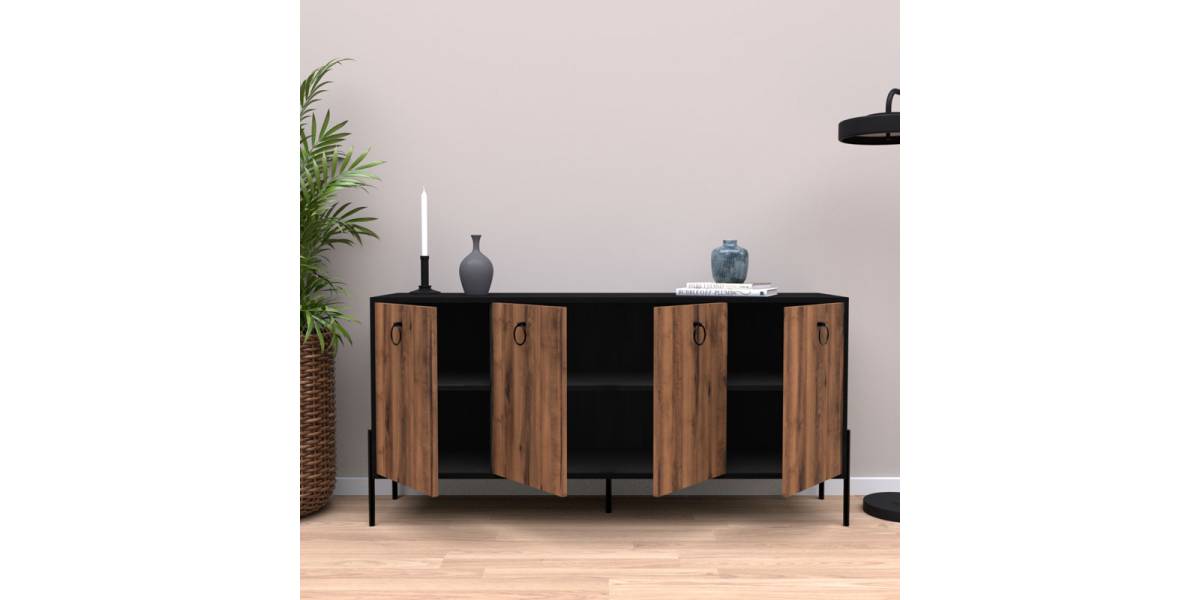 Μπουφές Twely pakoworld μελαμίνης καρυδί-μαύρο 160x40,5x79εκ