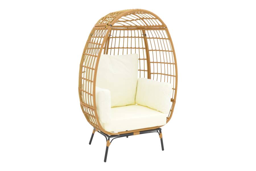 Πολυθρόνα Frox pakoworld wicker rattan φυσικό-μεταλλικό φυσικό-μαύρο πόδι-μπεζ μαξιλάρι 96x76x145εκ
