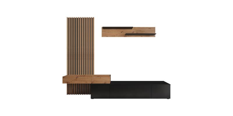 Σύνθετο σαλονιού Litende pakoworld μαύρο-sonoma μελαμίνης 249.5x42x199.5εκ