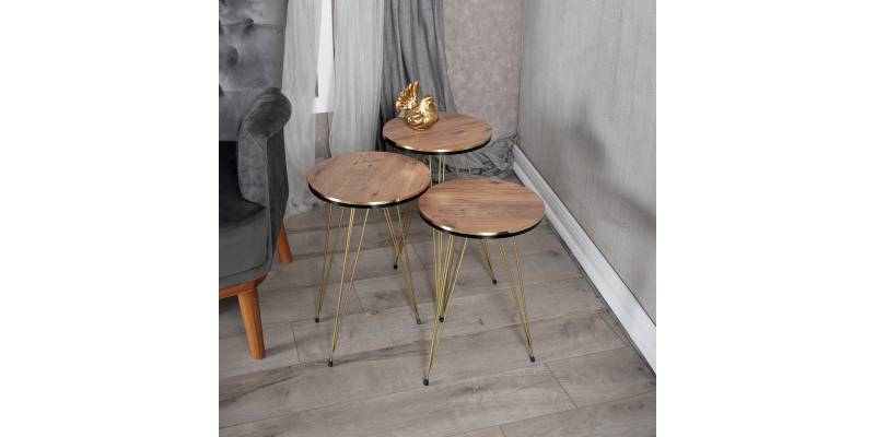 Βοηθητικά τραπέζια Wakmi pakoworld σετ 3τεμ oak μελαμίνης-χρυσό μέταλλο