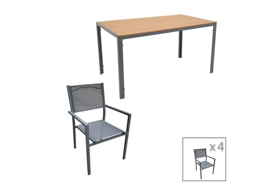 Tραπεζαρία Nares-Moly pakoworld σετ 5τεμ ανθρακί αλουμίνιο και φυσικό plywood 140x80x72.5εκ