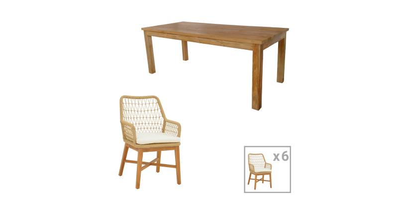 Τραπεζαρία 7τεμ Elaiza-Wooly pakoworld teak ξύλο σε φυσική-μπεζ απόχρωση 220x90x75εκ