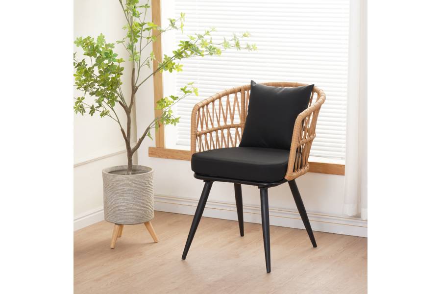 Πολυθρόνα Naoki pakoworld pe rattan -metal σε φυσική απόχρωση με μαύρα πόδια/μαξιλάρι 62x60x80εκ