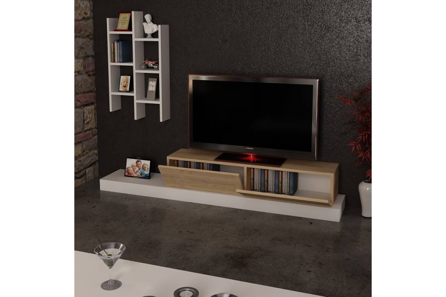Έπιπλο τηλεόρασης Rumba pakoworld σε λευκή-oak απόχρωση 180x30x31εκ