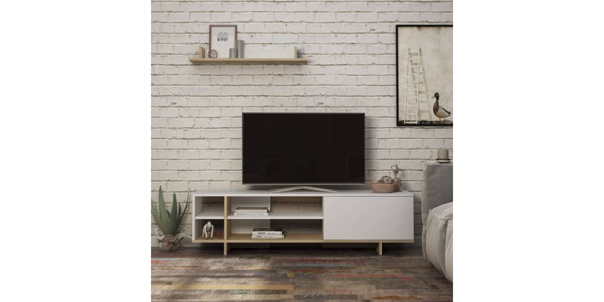 Σύνθετο σαλονιού Saloon pakoworld σε λευκή-oak απόχρωση 160x35.5x44εκ