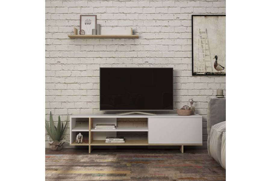 Σύνθετο σαλονιού Saloon pakoworld σε λευκή-oak απόχρωση 160x35.5x44εκ