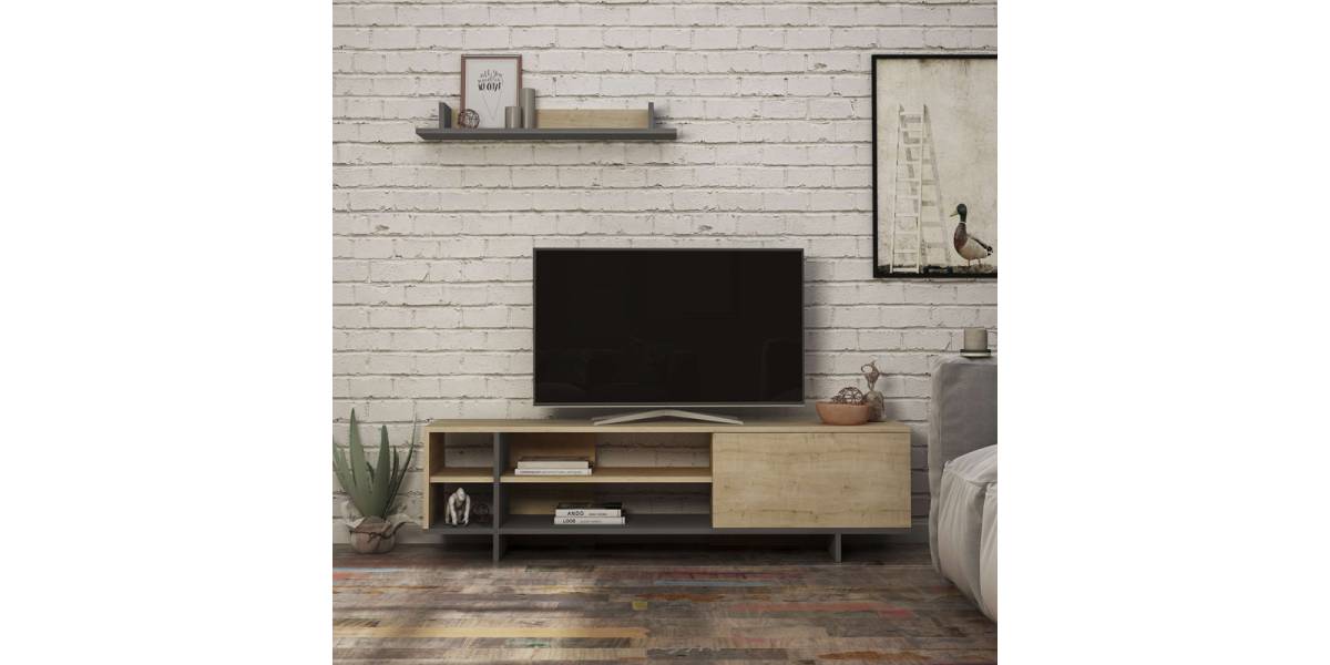 Σύνθετο σαλονιού Saloon pakoworld σε ανθρακί-oak απόχρωση 160x35.5x44εκ