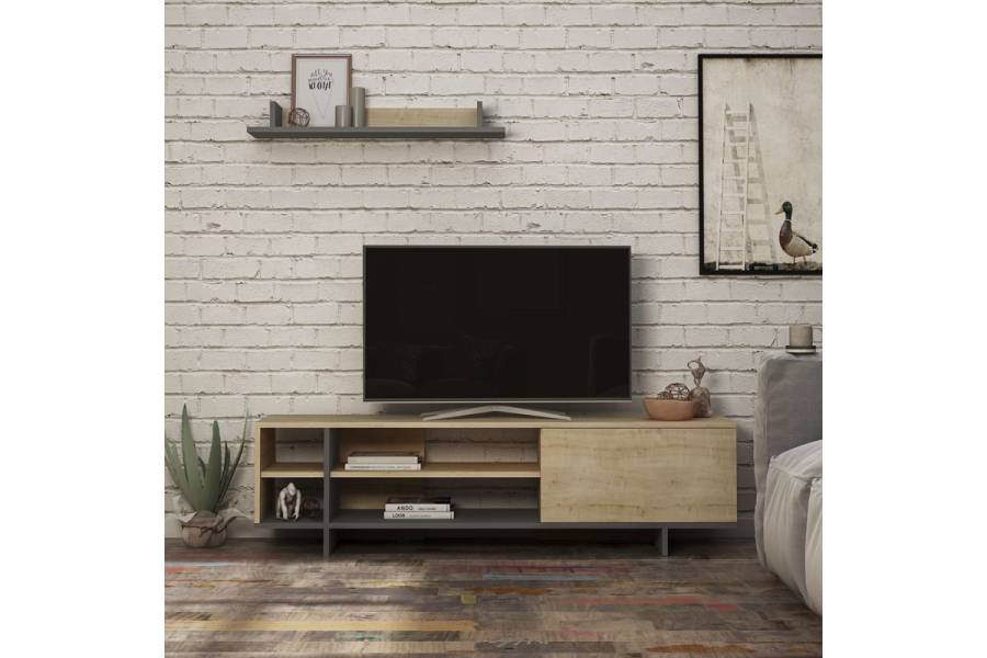 Σύνθετο σαλονιού Saloon pakoworld σε ανθρακί-oak απόχρωση 160x35.5x44εκ
