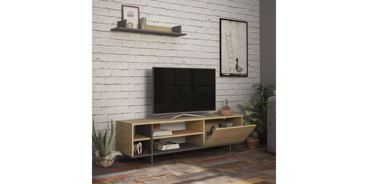 Σύνθετο σαλονιού Saloon pakoworld σε ανθρακί-oak απόχρωση 160x35.5x44εκ
