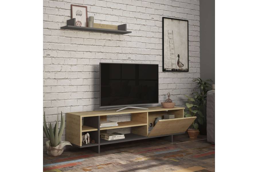 Σύνθετο σαλονιού Saloon pakoworld σε ανθρακί-oak απόχρωση 160x35.5x44εκ