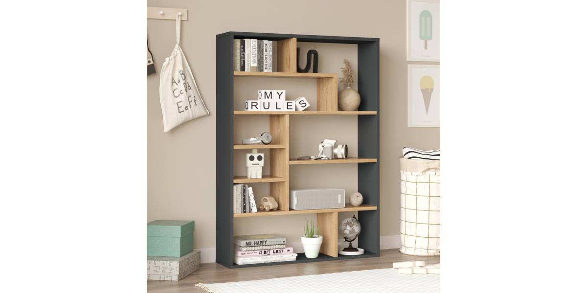 Βιβλιοθήκη Decora pakoworld σε φυσική-ανθρακί απόχρωση 90x22x123.6εκ