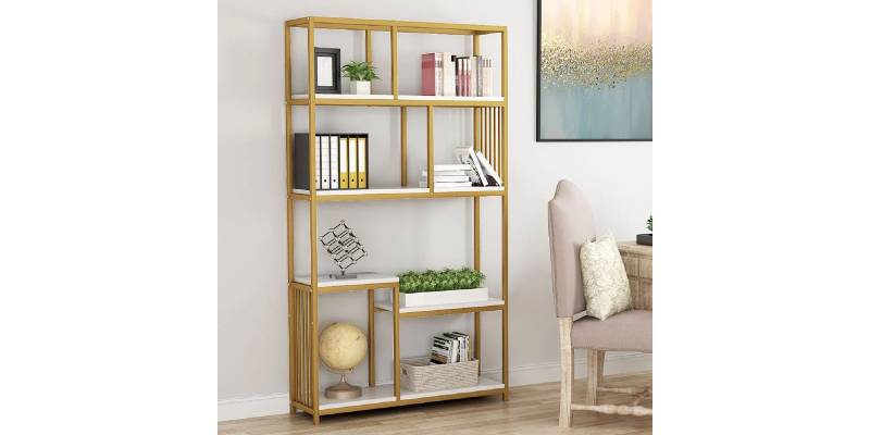 Βιβλιοθήκη-Ραφιέρα Denver pakoworld με χρυσό μεταλλικό σκελετό και λευκή όψη μαρμάρου 100x30x160εκ