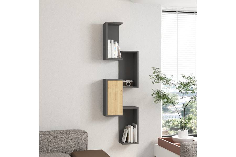 Ραφιέρα τοίχου Kongo pakoworld σε oak- ανθρακί απόχρωση 44x20x159εκ