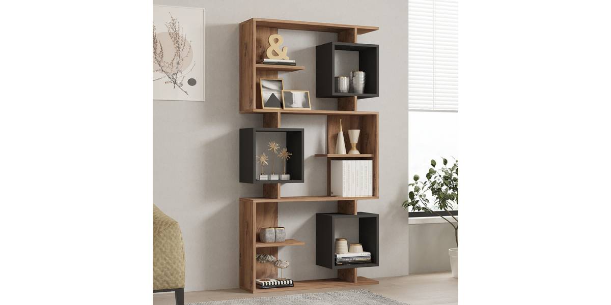 Βιβλιοθήκη Cubix pakoworld σε sonoma-ανθρακί απόχρωση 90x24,6x171,90εκ