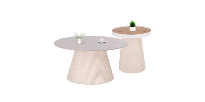 ΣΕΤ 2ΤΜΧ ΤΡΑΠΕΖΙΑ ΣΑΛΟΝΙΟΥ DUNCAN HM21082 MDF ΚΡΕΜ ΚΑΙ ΚΕΡΑΜΙΚΟ TOP Φ80εκ & Φ45εκ