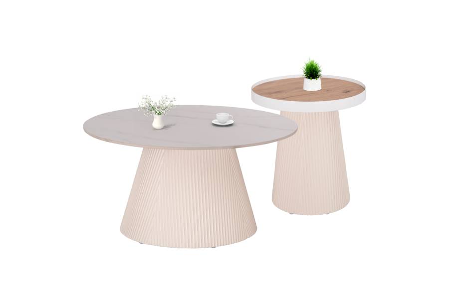ΣΕΤ 2ΤΜΧ ΤΡΑΠΕΖΙΑ ΣΑΛΟΝΙΟΥ DUNCAN HM21082 MDF ΚΡΕΜ ΚΑΙ ΚΕΡΑΜΙΚΟ TOP Φ80εκ & Φ45εκ