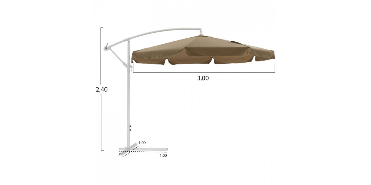 ΟΜΠΡΕΛΑ ΚΡΕΜΑΣΤΗ Φ300x240cm. NOBLE HM6008.02 ΣΤΡΟΓΓΥΛΗ ΣΕ ΒΑΣΗ ΜΕ 4 ΠΟΔΙΑ ΜΟΚΑ ΛΕΥΚΟ