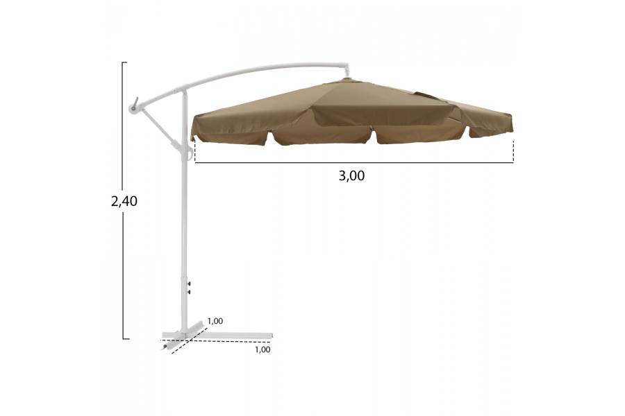 ΟΜΠΡΕΛΑ ΚΡΕΜΑΣΤΗ Φ300x240cm. NOBLE HM6008.02 ΣΤΡΟΓΓΥΛΗ ΣΕ ΒΑΣΗ ΜΕ 4 ΠΟΔΙΑ ΜΟΚΑ ΛΕΥΚΟ