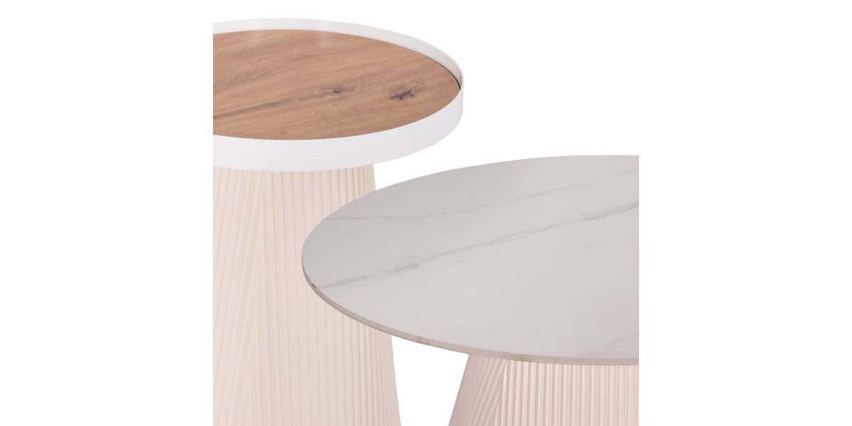 ΣΕΤ 2ΤΜΧ ΤΡΑΠΕΖΙΑ ΣΑΛΟΝΙΟΥ DUNCAN HM21082 MDF ΚΡΕΜ ΚΑΙ ΚΕΡΑΜΙΚΟ TOP Φ80εκ & Φ45εκ