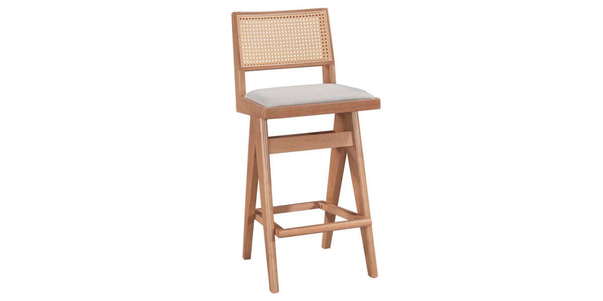 Σκαμπό bar Winslow pakoworld ξύλο rubberwood ανοικτό καρυδί-pvc rattan φυσικό-ύφασμα γκρι 44.5x46x98εκ