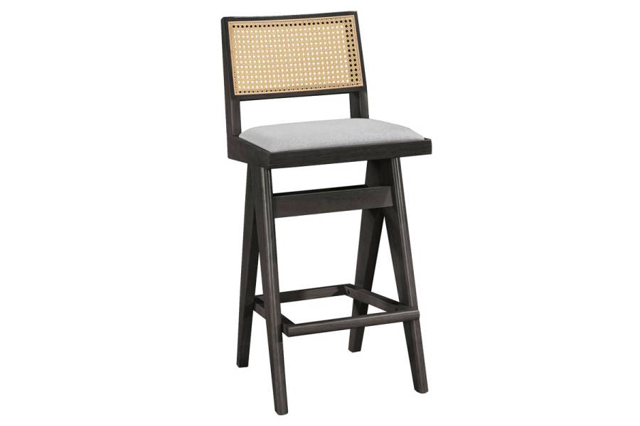 Σκαμπό bar Winslow pakoworld ξύλο rubberwood μαύρο-pvc rattan φυσικό-ύφασμα γκρι 44.5x46x98εκ