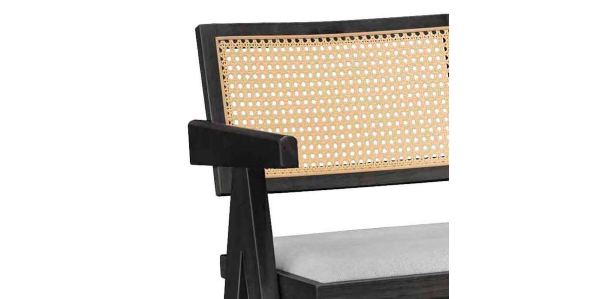 Σκαμπό bar Winslow pakoworld ξύλο rubberwood μαύρο-pvc rattan φυσικό-ύφασμα γκρι