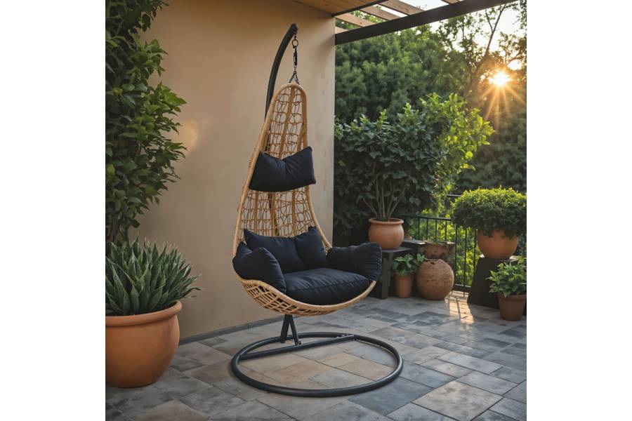 Κούνια κήπου Soleil pakoworld κρεμαστή pp σε φυσικό χρώμα και μαύρο μέταλλο 103x83x200εκ