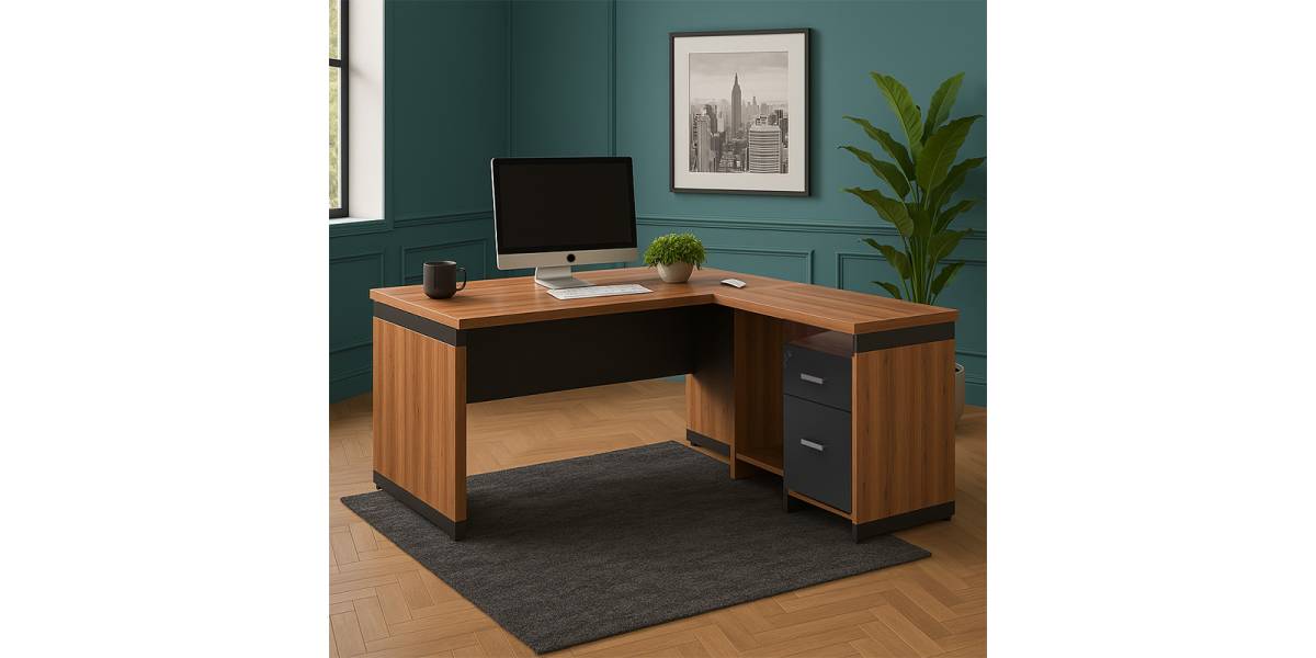 Γραφείο επαγγελματικό αναστρέψιμο Oscar pakoworld μελαμίνη σε καρυδί-ανθρακί απόχρωση 200x180x76εκ