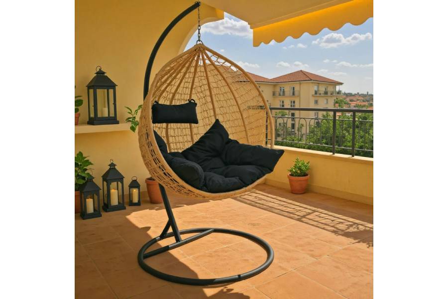 Κούνια Zafer pakoworld κρεμαστή pp σε φυσικό χρώμα και μαύρο μέταλλο 106x103x200εκ