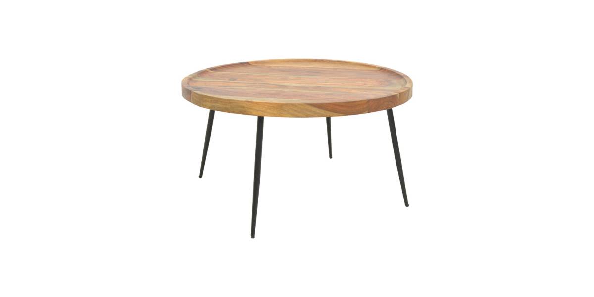 Τραπέζι σαλονιού Tavolo pakoworld μασιφ ξύλο sheesham σε καρυδί απόχρωση με μαύρα μεταλλικά πόδια Φ75x39εκ